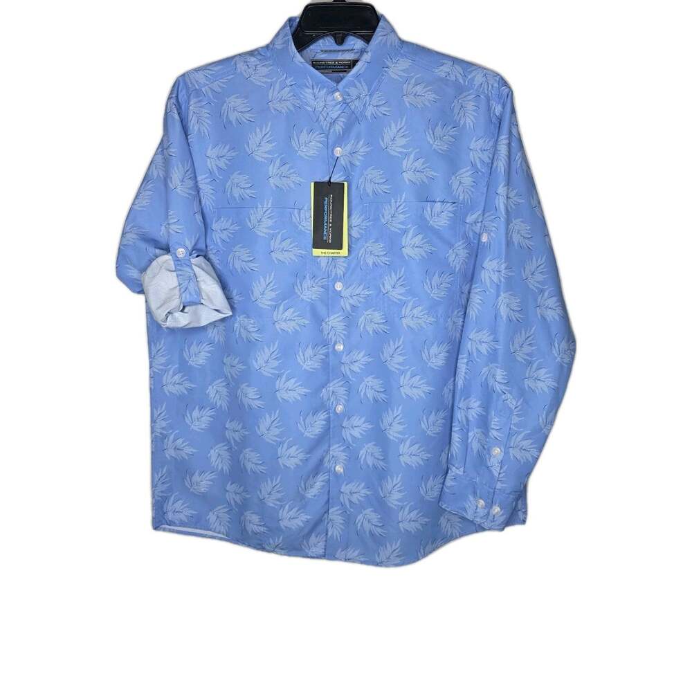 Roundtree Yorke Performance Shirt Mens Large Blue Tropical Leaf The Charter NWT